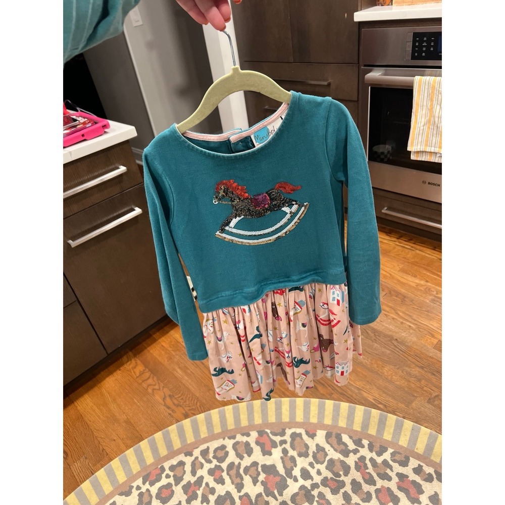 Mini Boden EUC Teal/Pink Sequined Rocking Horse Cotton Knit Skirted Dress 7-8
